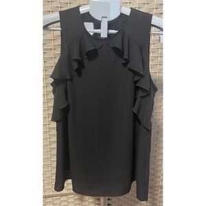 United Colors of Benetton Black Ruffle Sleeveless Blouse Keyhole Back Top Size L